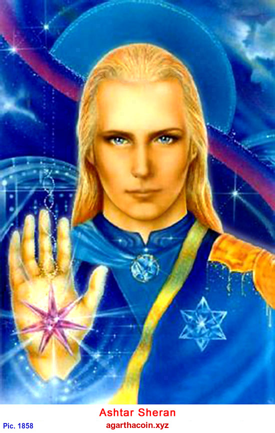 Painting of Ashtar Sheran raising a hand with a glowing star