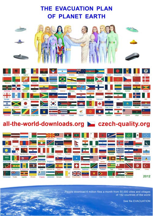 The Evacuation Plan of Planet Earth poster with cosmic people and the flags of the world