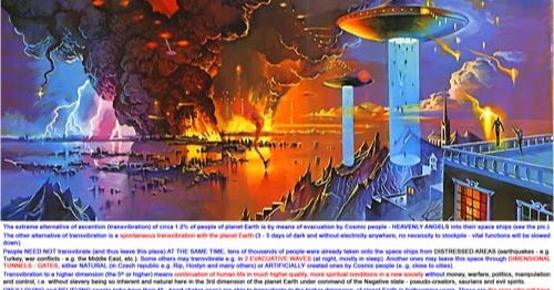 Painting of ships lifting off above a burning city