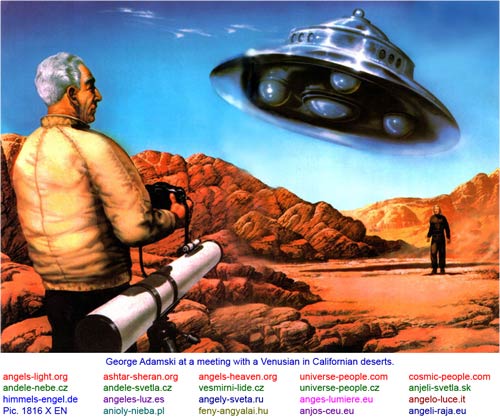 Painting of a man with a telescope watching a saucer in a desert