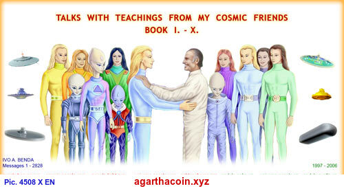 Cosmic friends greeting an earthman, with saucers